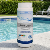 A 1kg bottle of BioGuard Swim Clear pool sanitiser sitting on a concrete pool edge, providing 100% soluble and stabilised chlorine to control bacteria and algae in outdoor pools.
