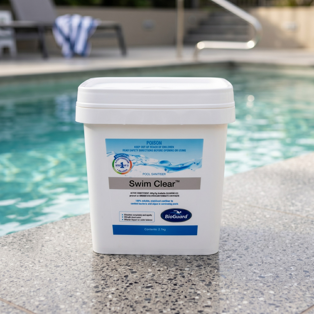 A 2.1kg bucket of BioGuard Swim Clear sitting poolside, a fast-dissolving Step 1 stabilised sanitiser that keeps pool water clear of bacteria and algae.