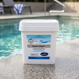 A 2.1kg bucket of BioGuard Swim Clear sitting poolside, a fast-dissolving Step 1 stabilised sanitiser that keeps pool water clear of bacteria and algae.