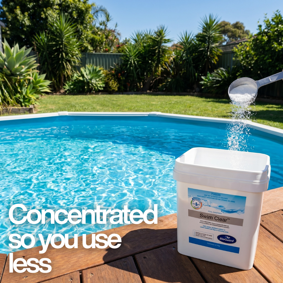 A scoop of BioGuard Swim Clear being measured from a 2.1kg bucket poolside with text: "Concentrated so you use less," highlighting the efficiency of this stabilized pool sanitizer.