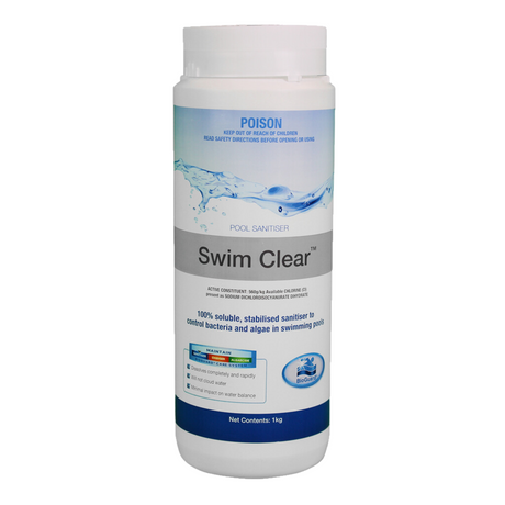 1kg bottle of BioGuard Swim Clear, a 100% soluble stabilised pool sanitiser used to control bacteria and algae without clouding water.