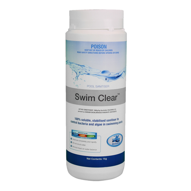 1kg bottle of BioGuard Swim Clear, a 100% soluble stabilised pool sanitiser used to control bacteria and algae without clouding water.