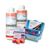 BioGuard swimming pool recovery water clarity kit featuring Phos Kill phosphate remover, Power Floc Maxi settling agent, Mini Cube clarifiers, and an Aussie Gold 4-in-1 test kit.