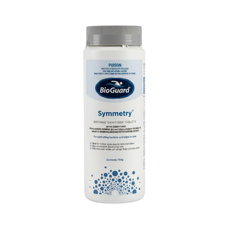 750g bottle of BioGuard Symmetry Bromine Sanitiser Tablets for spas, featuring a low-odour formula ideal for indoor hot tubs and effective over a wide pH range.