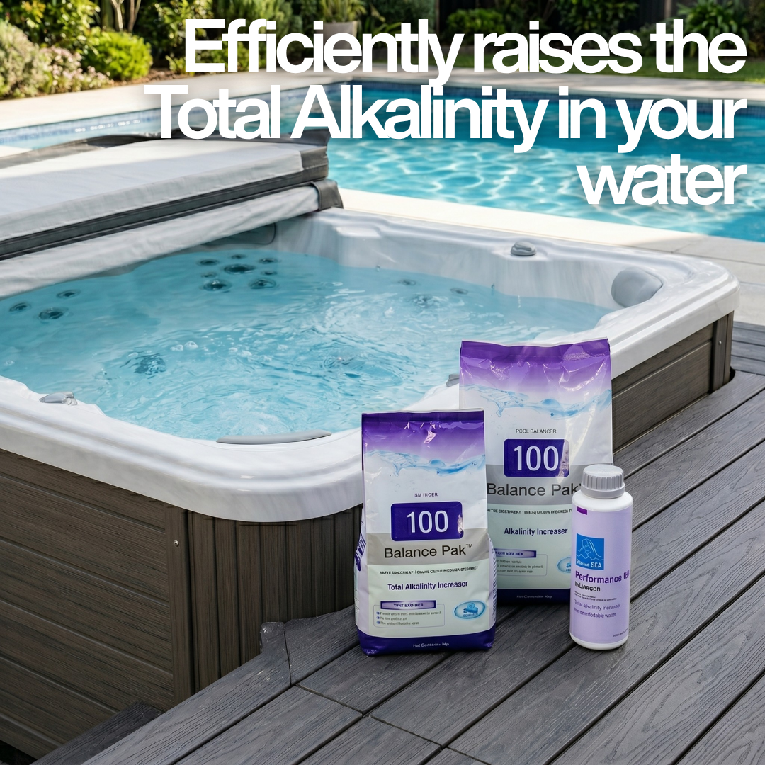 BioGuard Balance Pak 100 bags and Performance Up bottle displayed poolside and by a hot tub with text: "Efficiently raises the Total Alkalinity in your water."