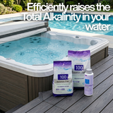 BioGuard Balance Pak 100 bags and Performance Up bottle displayed poolside and by a hot tub with text: "Efficiently raises the Total Alkalinity in your water."
