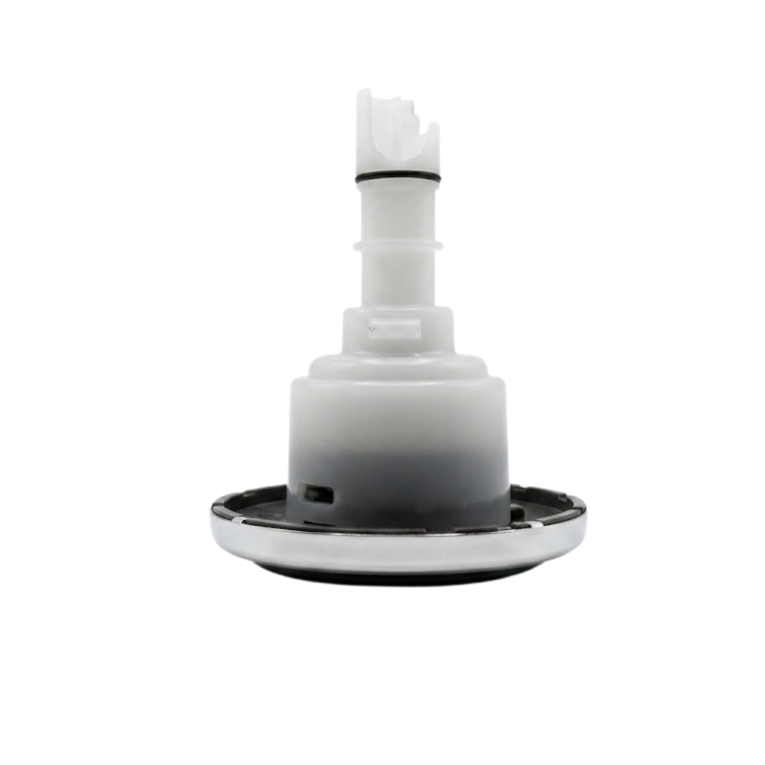 Profile view of the rear body and stem assembly on a C-Helix 3 Directional SS spa jet internal insert, showing the stainless steel bezel trim, dark housing base, and translucent white stem with a black O-ring.