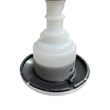 Close-up angled view of the rear housing and face flange on a C-Helix 3 Directional SS spa jet internal insert, showing the dark grey back of the bezel with its metal tabs and white plastic body assembly.