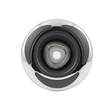 Direct overhead front view of a C-Helix 3 Directional SS spa jet internal insert, featuring a stainless steel bezel with three black crescent accents and a central directional eyeball nozzle with a rounded triangular opening.