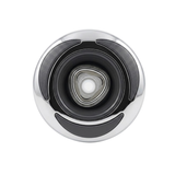 Direct overhead front view of a C-Helix 3 Directional SS spa jet internal insert, featuring a stainless steel bezel with three black crescent accents and a central directional eyeball nozzle with a rounded triangular opening.