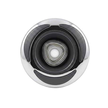 Direct overhead front view of a C-Helix 3 Directional SS spa jet internal insert, featuring a stainless steel bezel with three black crescent accents and a central directional eyeball nozzle with a rounded triangular opening.