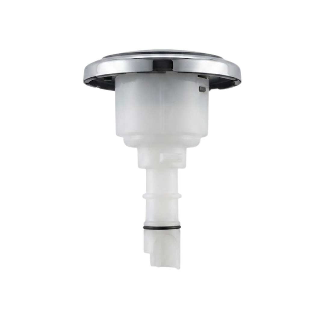 Side profile view of a C-Helix 3 Directional SS spa jet internal insert, showing the stainless steel face flange lip, white cylindrical body casing, and white rear stem with a black O-ring.