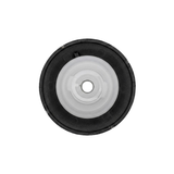 Direct overhead bottom-up view of the rear of a C-Helix 3 MSSG SS spa jet internal insert, showing the black face flange back and central white plastic stem.