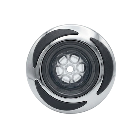 Direct overhead front view of a C-Helix 3 MSSG SS spa jet internal insert, featuring a stainless steel bezel with three black crescent accents and a multi-port massage nozzle cluster set behind clear plastic.
