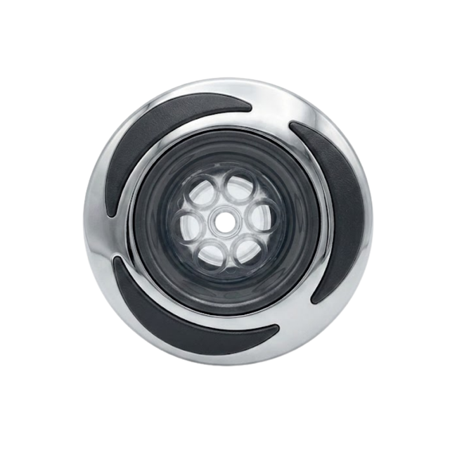 Direct overhead front view of a C-Helix 3 MSSG SS spa jet internal insert, featuring a stainless steel bezel with three black crescent accents and a multi-port massage nozzle cluster set behind clear plastic.
