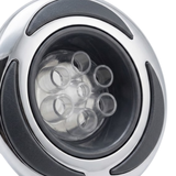 Close-up view of the multi-port massage nozzle cluster on a C-Helix 3 MSSG SS spa jet internal insert, showing clear plastic jet nozzles encased within a dark inner rim and stainless steel bezel with black accents.