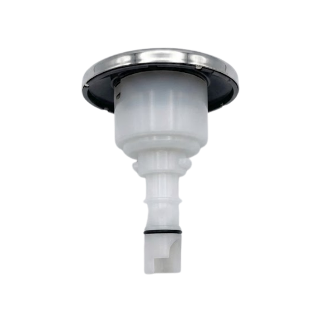 Three-quarter rear bottom view of a C-Helix 3 MSSG SS spa jet internal insert, showing the underside of its stainless steel face flange, white cylindrical body, and narrow stem with a black O-ring.