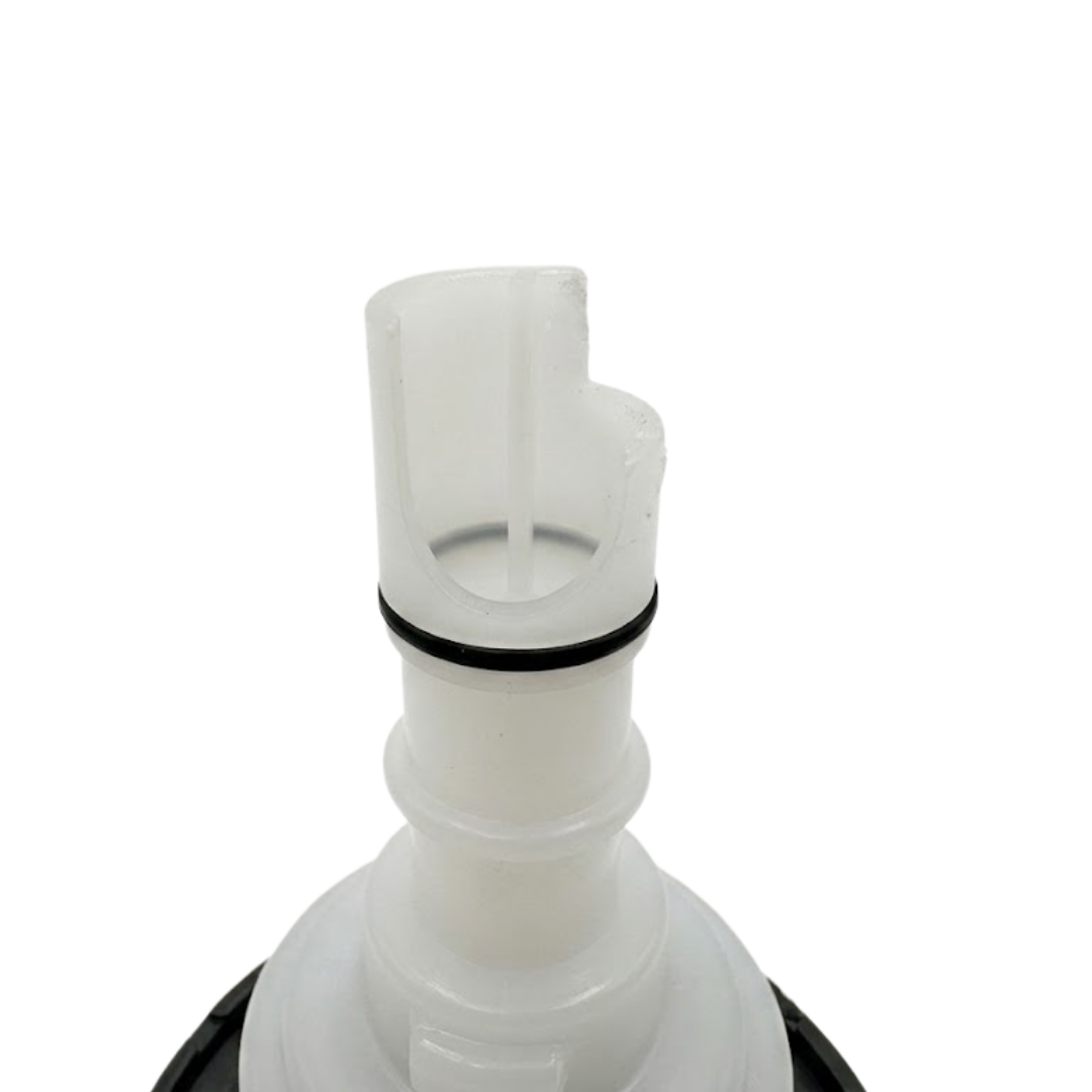Close-up view of the rear white plastic stem on a C-Helix 3 MSSG SS spa jet internal insert, showing a black O-ring seal and notched side entry port.