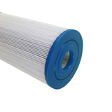 Close-up angled view of the blue open end cap and internal core of a C5050 replacement cartridge filter element