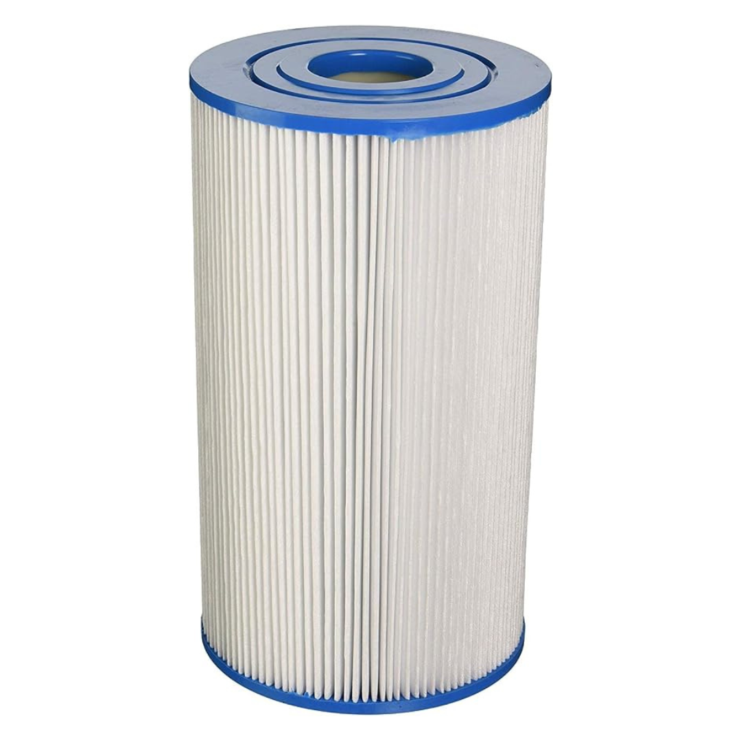 Front view of a C5050 replacement cartridge filter element with blue top and bottom caps for pool or spa filtration