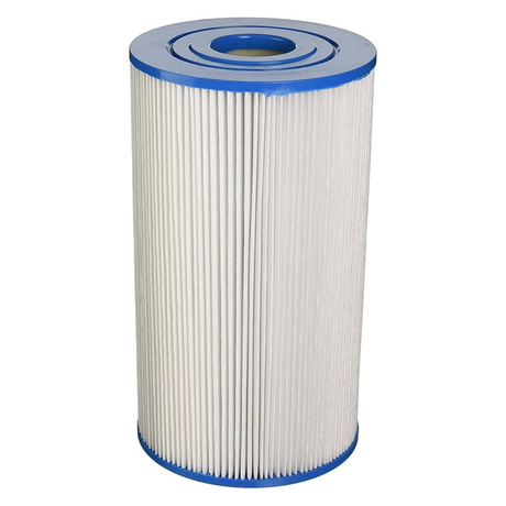 Front view of a C5050 replacement cartridge filter element with blue top and bottom caps for pool or spa filtration