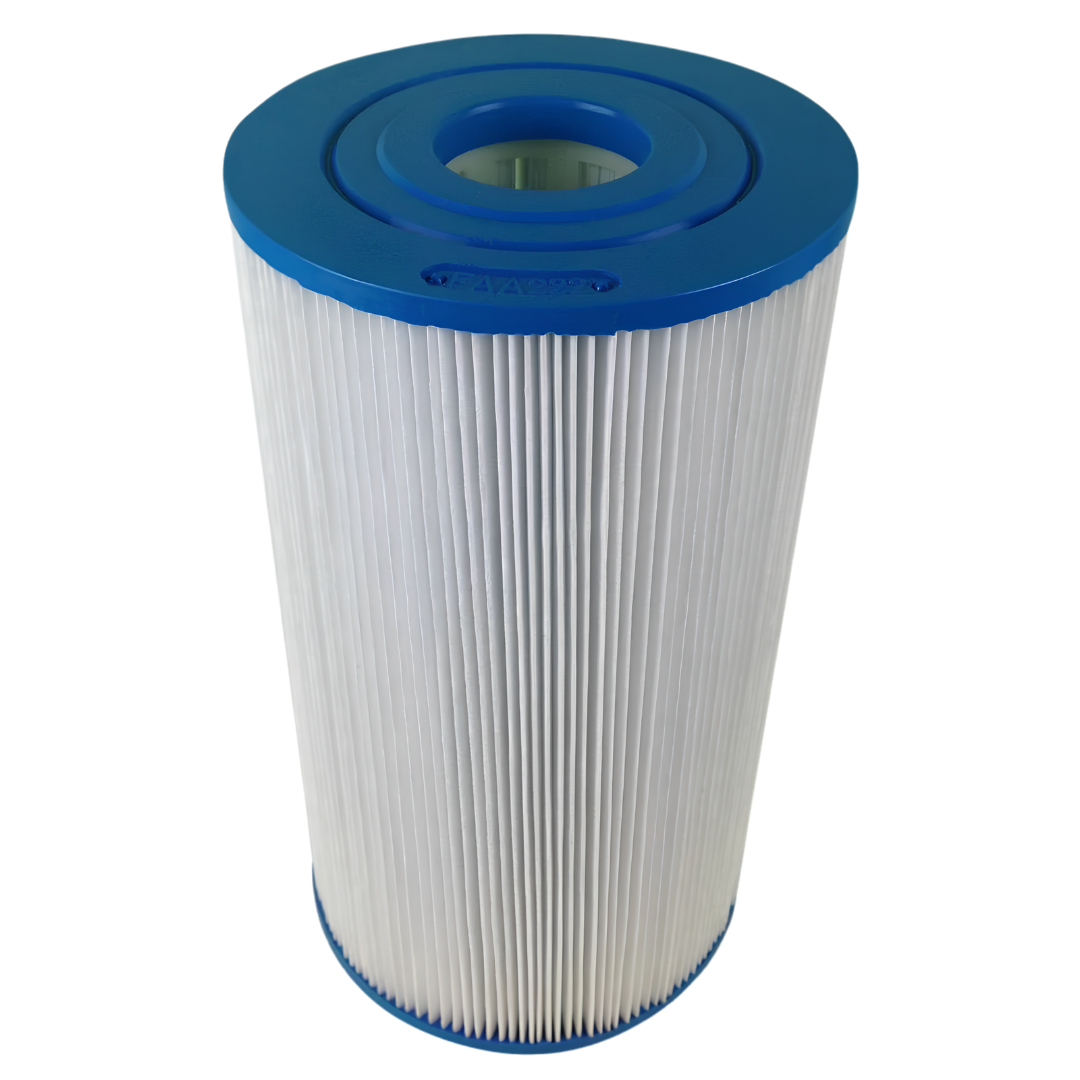 High angle view of a C5050 replacement cartridge filter element highlighting the stamped part details on the blue top rim FAA222