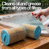 BioGuard SPA Filter Renew spray being applied to two dirty, brown-stained spa cartridge filters to remove oil and grease buildup. Text overlay states: "Cleans oil and grease from all types of filters."