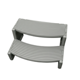 Angled view of a light grey two-tier plastic Confer Plastics Handi-Step portable spa and hot tub stair unit showing the curved anti-slip textured tread patterns.