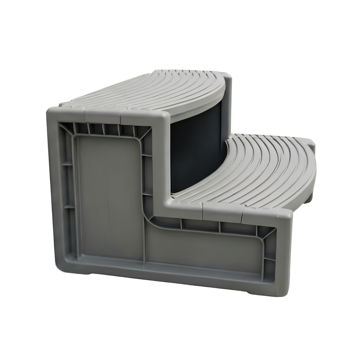 Side profile view of a grey two-tier plastic Confer Plastics Handi-Step portable spa stair unit featuring curved anti-slip treads and structural support ribbing.