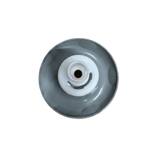 Direct overhead bottom-up view of the rear of a Cyclone Adj Swirl Emerald Large Face spa jet internal insert, showing the wide grey face flange back and central white plastic stem.
