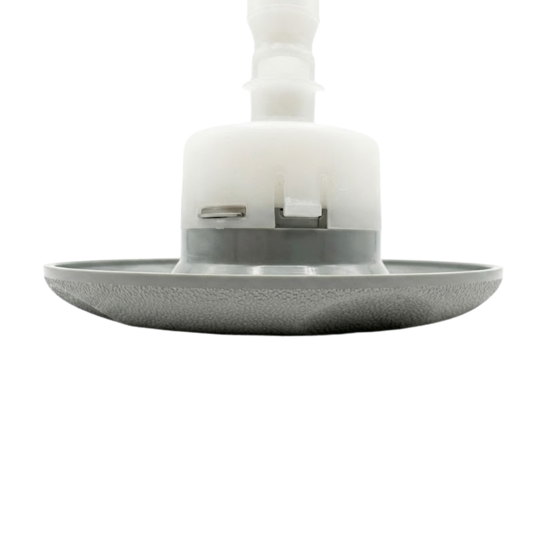 Close-up horizontal profile view of the face flange on a Cyclone Adj Swirl Emerald Large Face spa jet internal insert, showing the textured light grey scalloped bezel edge, grey housing collar, and white plastic main body.