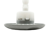 Close-up horizontal profile view of the face flange on a Cyclone Adj Swirl Emerald Large Face spa jet internal insert, showing the textured light grey scalloped bezel edge, grey housing collar, and white plastic main body.