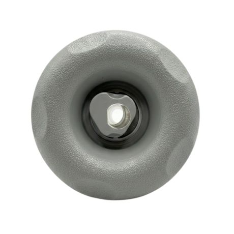 Direct overhead front view of a Cyclone Adj Swirl Emerald Large Face spa jet internal insert, featuring a textured light grey scalloped bezel and a central grey rotational swirl nozzle.