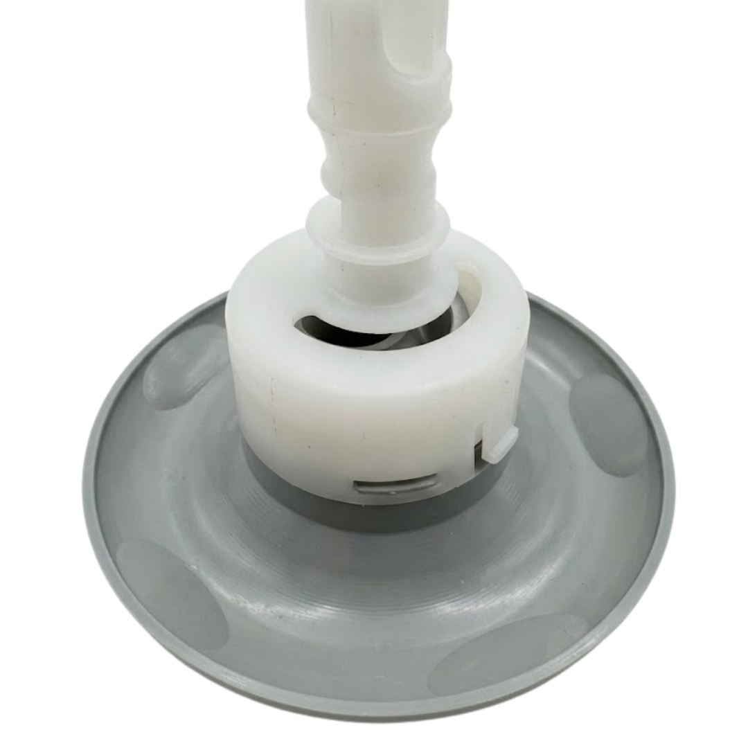 Close-up angled view of the rear housing and face flange on a Cyclone Adj Swirl Emerald Large Face spa jet internal insert, showing the smooth grey bezel back and white plastic main body assembly.