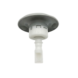 Three-quarter rear bottom view of a Cyclone Adj Swirl Emerald Large Face spa jet internal insert, showing the grey back of its rounded face flange, white cylindrical body, and narrow stem.