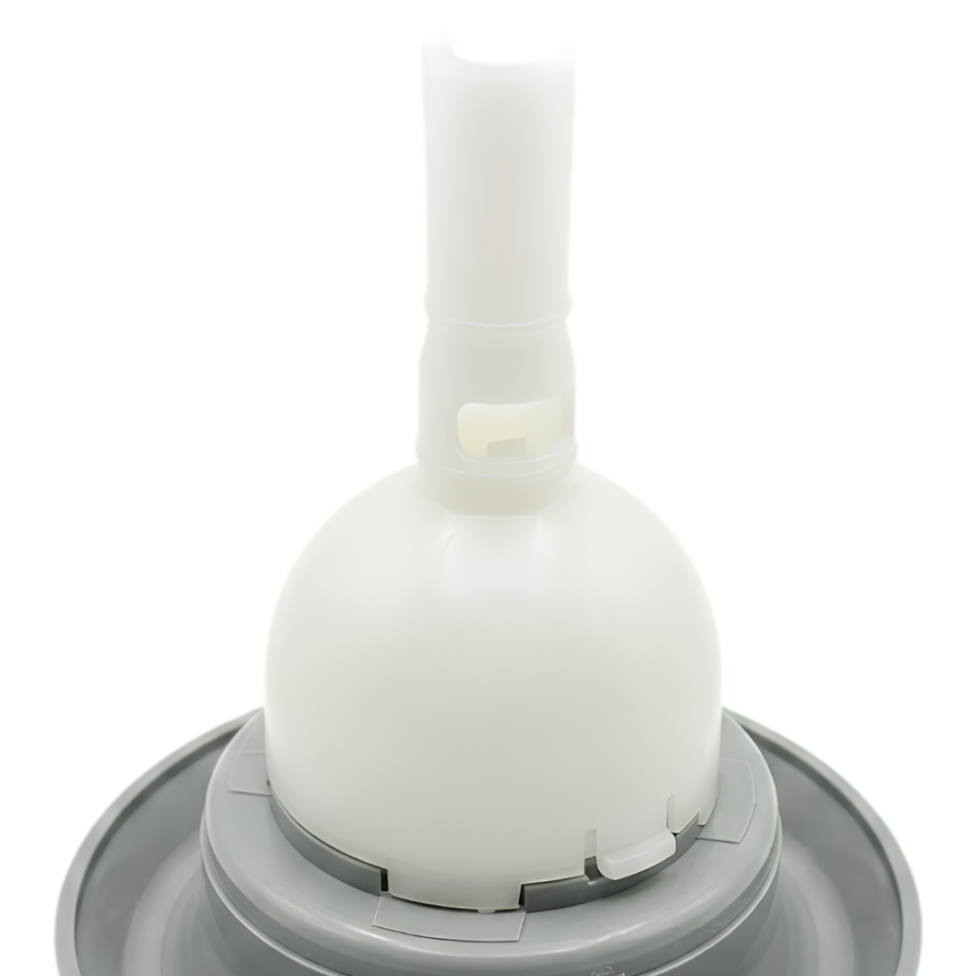 Close-up view of the rear housing on a grey Cyclone adjustable swirl spa jet internal insert, showing the grey face bezel base, bulbous white plastic body, and extending stem with side port cutouts.