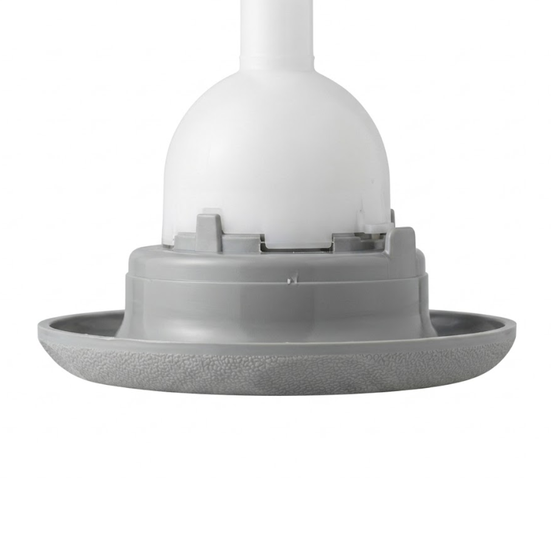 Close-up horizontal profile view of the base flange on a grey Cyclone adjustable swirl spa jet internal insert, showing the textured face bezel, smooth grey housing collar, and white bulbous body.