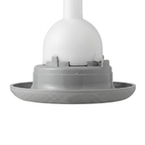 Close-up horizontal profile view of the base flange on a grey Cyclone adjustable swirl spa jet internal insert, showing the textured face bezel, smooth grey housing collar, and white bulbous body.