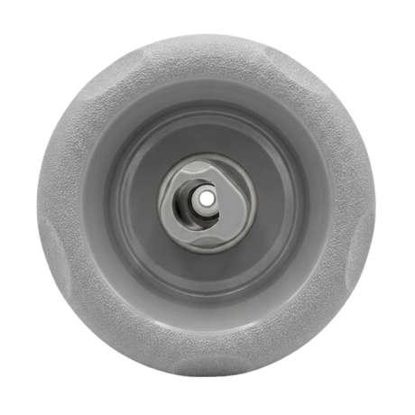 Direct overhead front view of a grey Cyclone adjustable swirl spa jet internal insert, featuring a textured scalloped outer bezel ring and a central rotational nozzle.