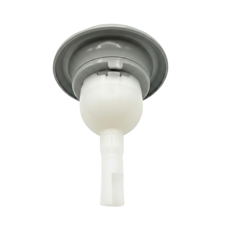 Three-quarter rear bottom view of a grey Cyclone adjustable swirl spa jet internal insert, showing the backside of the circular grey face bezel, bulbous white plastic main body, and long tailpiece stem.