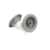 Studio view of two grey Cyclone adjustable swirl spa jet internal inserts side-by-side, one angled to display the rear white body and stem, and one upright revealing the front textured bezel and central rotational nozzle.