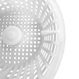 Top down macro view inside a white plastic Davey 1000 Series small pool skimmer basket showing the square floor grid and internal side support rib