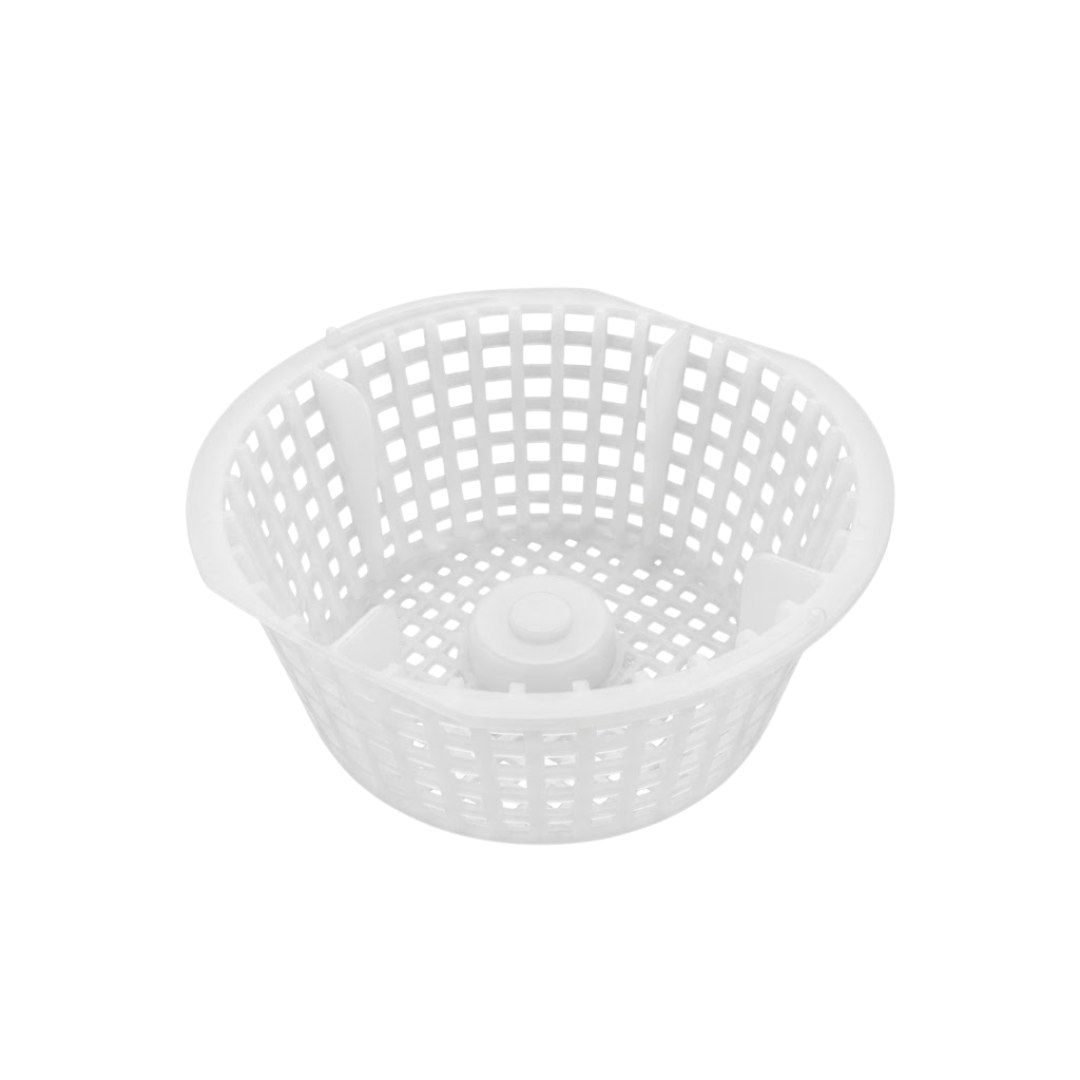 Top angled view of a white plastic Davey 1000 Series replacement skimmer basket featuring a mesh grid pattern and central handle mount cap
