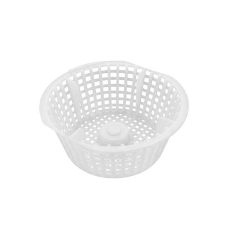 Top angled view of a white plastic Davey 1000 Series replacement skimmer basket featuring a mesh grid pattern and central handle mount cap