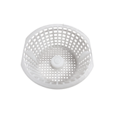 Direct top down view looking inside a white plastic Davey 1000 Series small pool skimmer basket showing the square grid mesh and central handle attachment