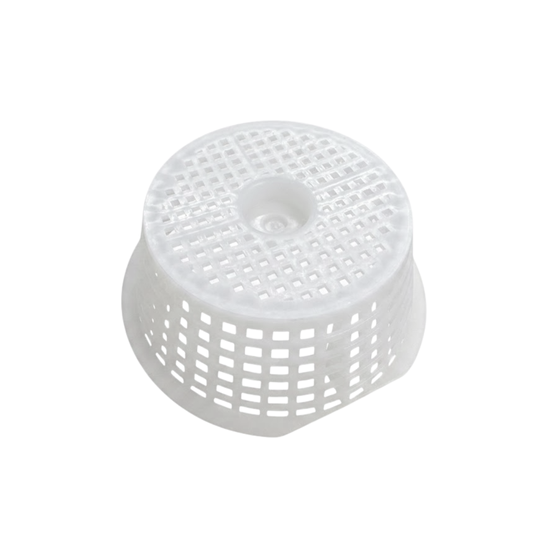 Upside down view showing the flat mesh base of a white plastic Davey 1000 Series replacement pool skimmer basket