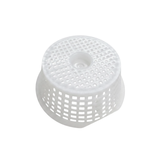 Upside down view showing the flat mesh base of a white plastic Davey 1000 Series replacement pool skimmer basket