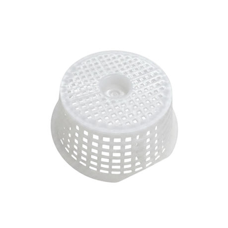 Upside down view showing the flat mesh base of a white plastic Davey 1000 Series replacement pool skimmer basket