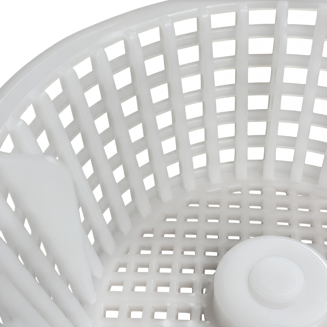 Close up top view inside a white plastic Davey 1000 Series small pool skimmer basket showing the detailed vertical wall grid and molded side rib