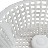 Close up top view inside a white plastic Davey 1000 Series small pool skimmer basket showing the detailed vertical wall grid and molded side rib